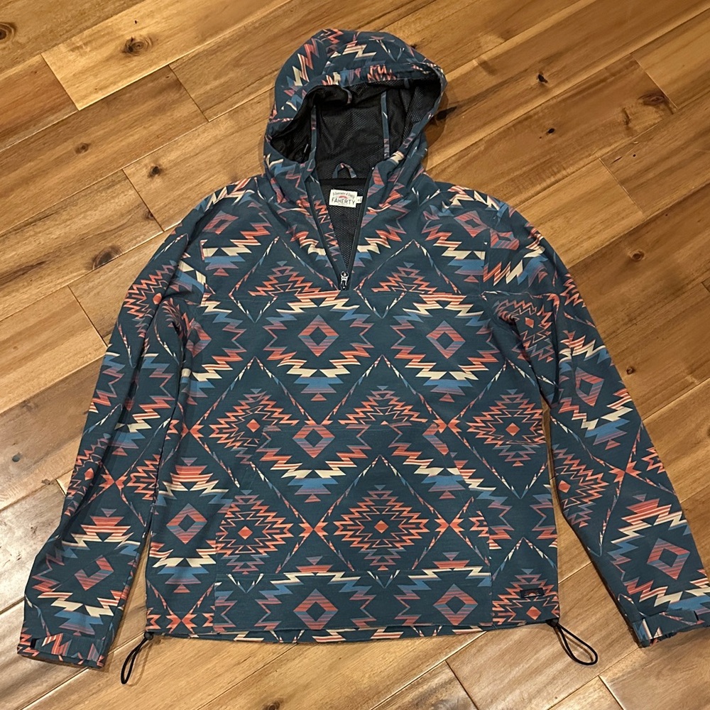 Faherty Geometric Hooded Jacket in Blue and Red.